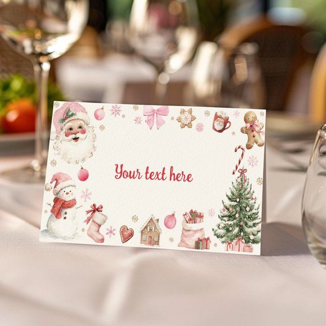 Carte De Placement Retro Christmas Pink Santa Birthday Food Tent (Créateur téléchargé)