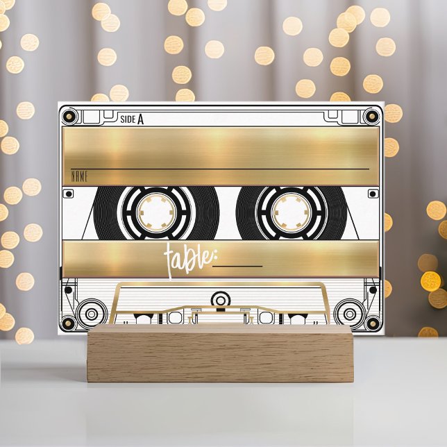 Carte De Placement Retro Gold Cassette Tape Wedding Flat Place Card (Retro cassette tape gold black vinyl record music theme flat wedding 50th birthday table place card)