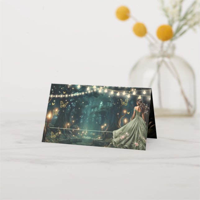 Carte De Placement Robe verte Enchanté Forêt Sage Quinceañera (Devant)