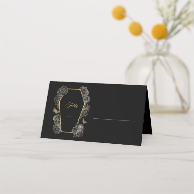 Carte De Placement Rose noir & or café Mariage gothique plié (Devant)