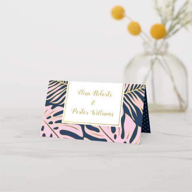 Carte De Placement Rose, or tropical feuille marine bleu mariage (Dos)