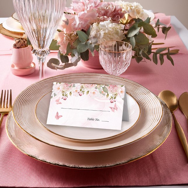 Carte De Placement Rose Papillons Floraux | Marbre Rose  (Elegant Pink Rose Floral and Pink Butterflies Folded Table Place Cards)