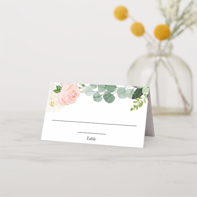 Carte De Placement Rose poudré floral blanc élégant verdure (Devant)