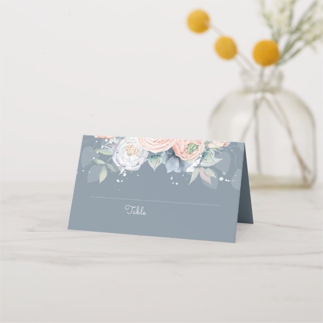 Carte De Placement Rose poussiéreux et bleu ardoise Floral élégant (Devant)
