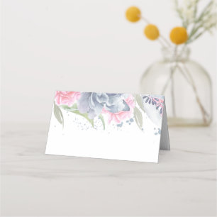 Carte De Placement Rose poussiéreux et floral bleu ardoise Élégant