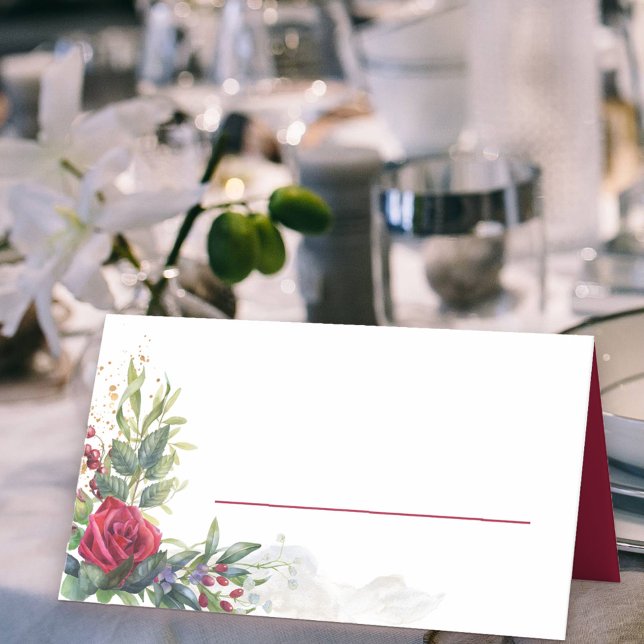 Carte De Placement Rose rouge et Feuilles de l'Eucalyptus (Place Cards with red rose floral arrangement and space to write your guest's name)
