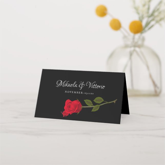 Carte De Placement Rose sanglant Élégant Mariage gothique noir (Devant)