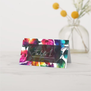 Carte De Placement Roses arc-en-ciel Mariage Floral Vibrant Noir & Bl