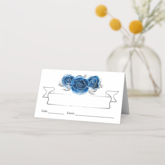 Carte De Placement Roses Argent et Bleu Royal Élégante Table Pliante (Devant)