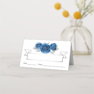 Carte De Placement Roses Argent et Bleu Royal Table Élégante Pliée