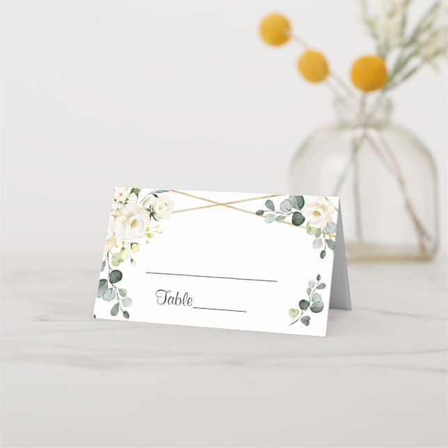 Carte De Placement Roses blanches d'ivoire Tableau Mariage de verdure (Devant)