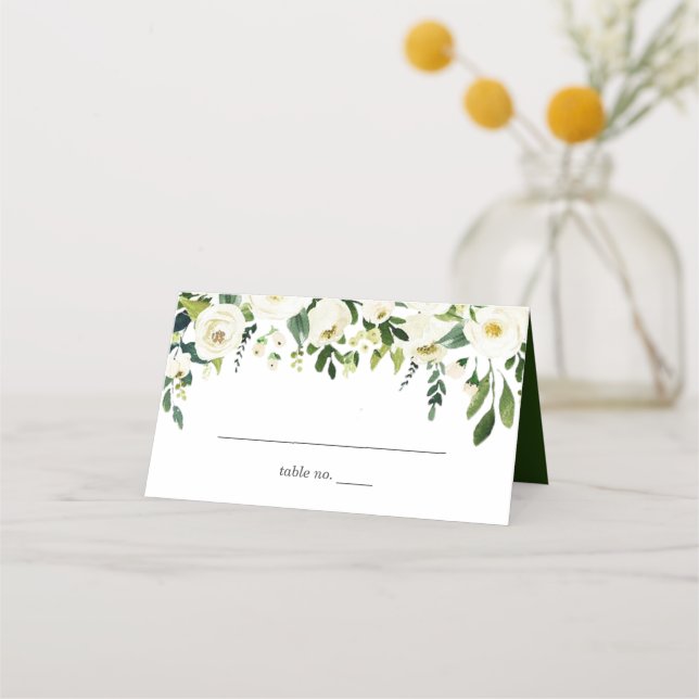 Carte De Placement Roses blanches Floral Vert Mariage Carte Place (Devant)