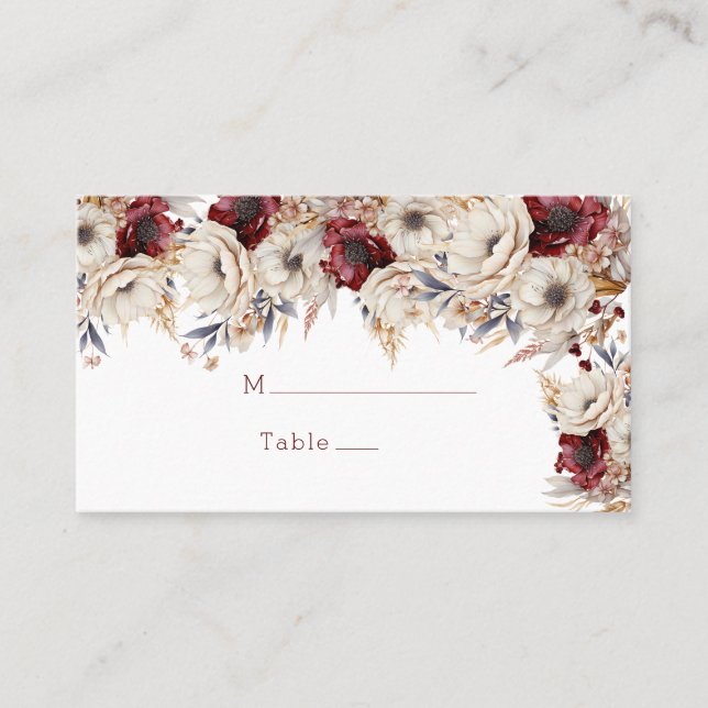 Carte De Placement Roses blanches Mariage Poppies bordeaux (Devant)