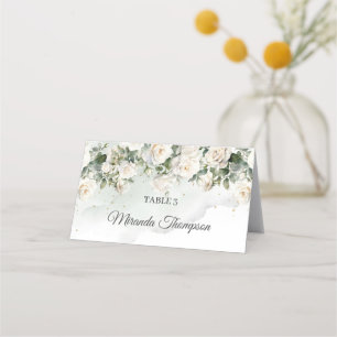 Carte De Placement Roses blanches romantiques Eucalyptus Vert et or