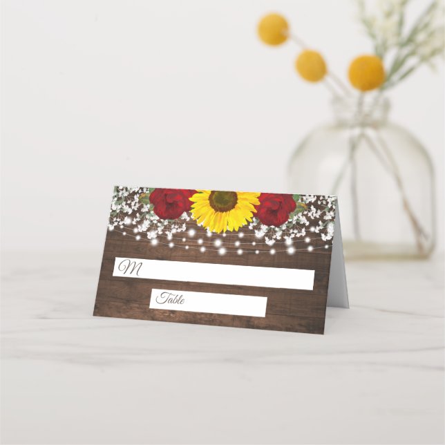 Carte De Placement Roses de tournesols rustiques et Mariage de lumièr (Devant)