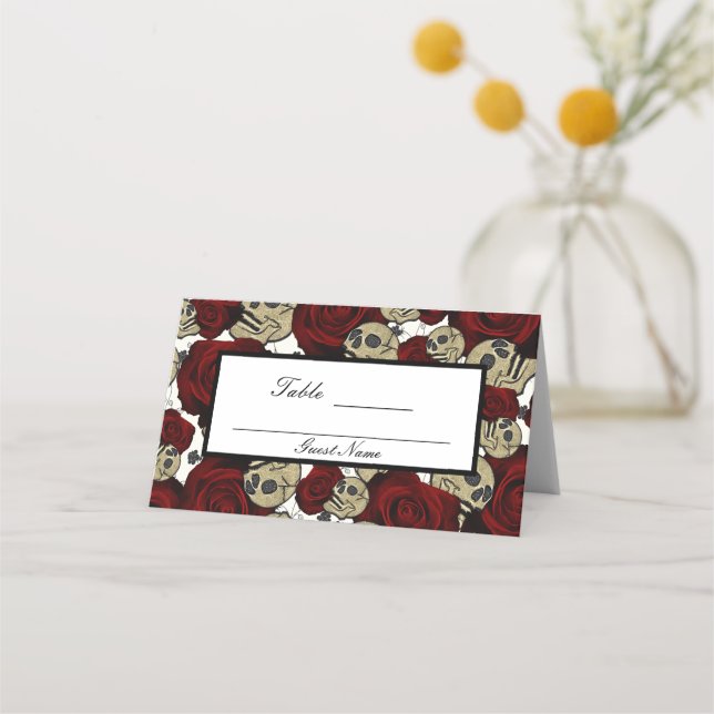 Carte De Placement Roses et crânes rouges Noir Floral Gothique Blanc  (Devant)