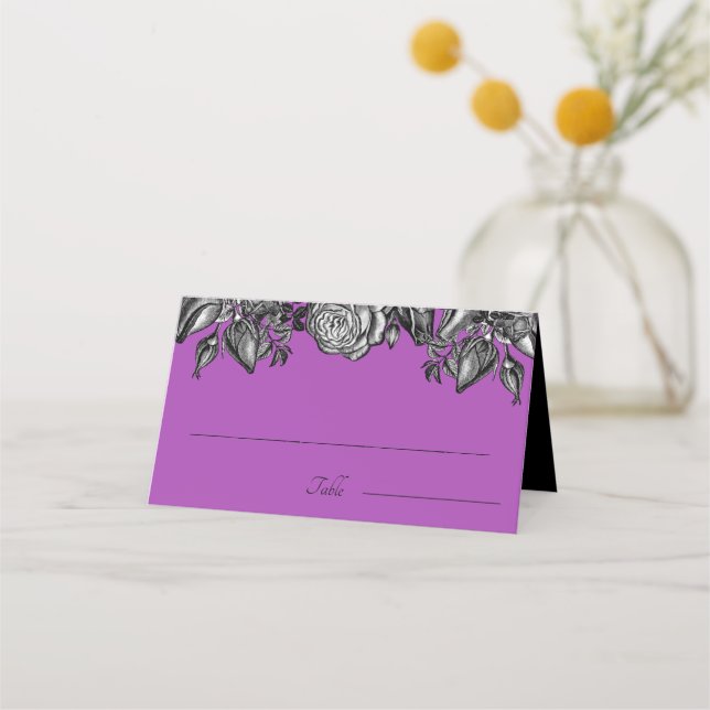 Carte De Placement Roses noir et blanc Mariage électrique violet (Devant)