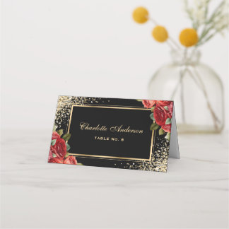 Carte De Placement Roses Rouges Or Noir Floral