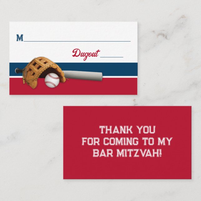 Carte De Placement Rouge, Blanc, Navy Baseball Bar Mitzvah (Devant / Derrière)