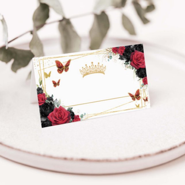 Carte De Placement Rouge noir Rose Floral Gold Butterflies Quinceañer (Créateur téléchargé)