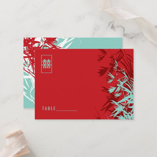 Carte De Placement Rouge & Turquoise Zen Bamboo Feuille Mariage chino (Devant/Arrière en situation)