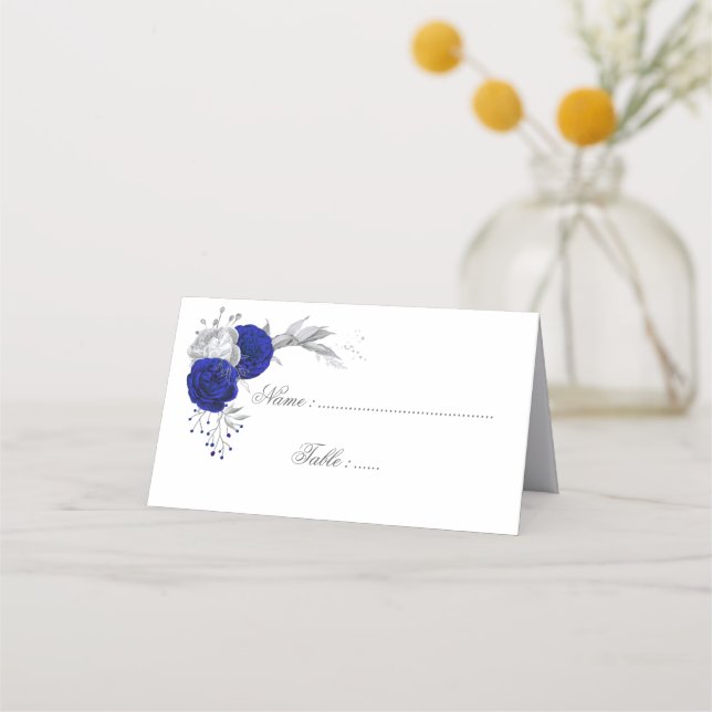 Carte De Placement royal bleu & argent fleurs botaniques (Devant)