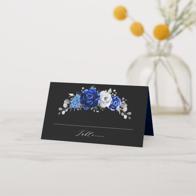 Carte De Placement Royal Bleu Blanc Métallurier Argent Floral Mariage (Devant)