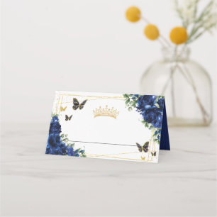 Carte De Placement Royal Blue Floral Gold Papillons Quinceañera 15