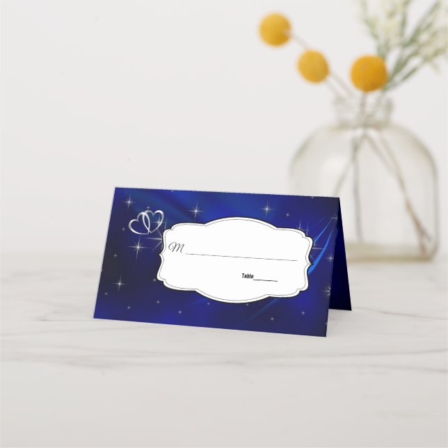 Carte De Placement Royal Blue Stars & Silver Hearts Mariage (Devant)