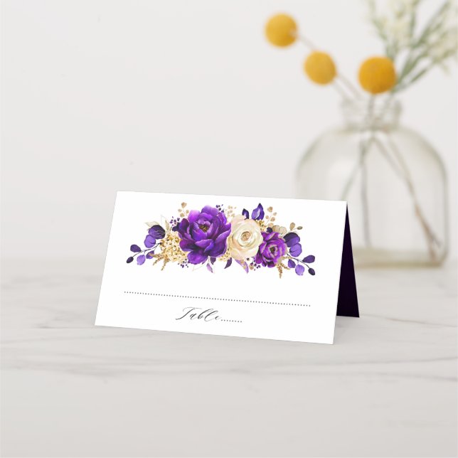 Carte De Placement Royal violet violet or Floral Mariage botanique (Devant)