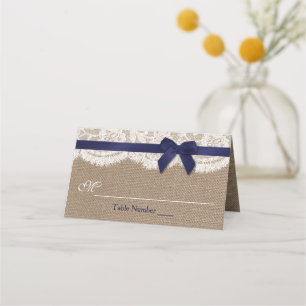 Carte De Placement Ruban de la marine sur Burlap et Mariage de dentel
