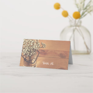 Carte De Placement Rustic Baby's Breath Mason Jar Mariage plié