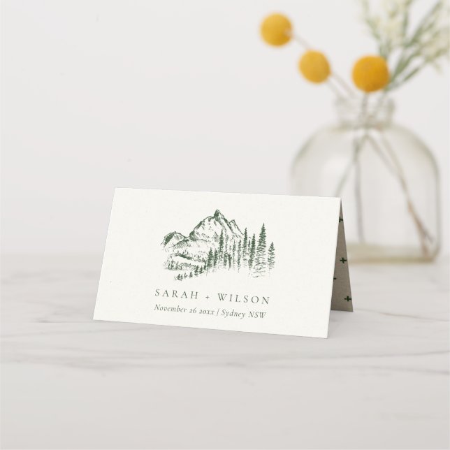 Carte De Placement Rustic Green Pine Woods Mountain Sketch Mariage (Devant)