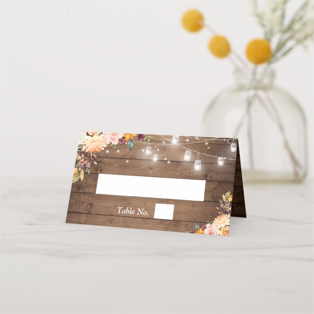 Carte De Placement Rustique Automne Floral Mason Jar Lumières Mariage (Devant)
