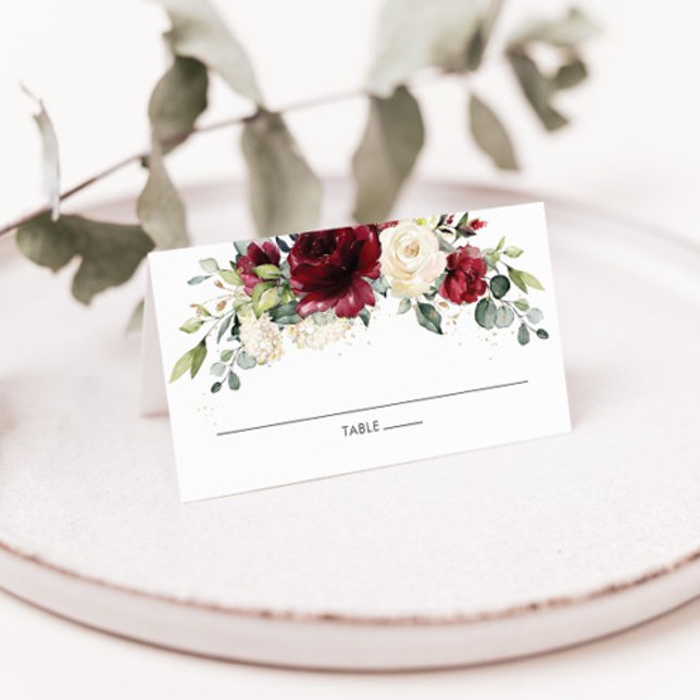 Carte De Placement Rustique Bourgogne ivoire Floral Mariage Nom d'hôt (rustic burgundy maroon ivory white floral flowers wedding place cards tent folded guest name)