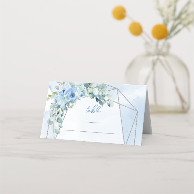 Carte De Placement Rustique Dusty Blue Floral argent cadre carte plac (Devant)