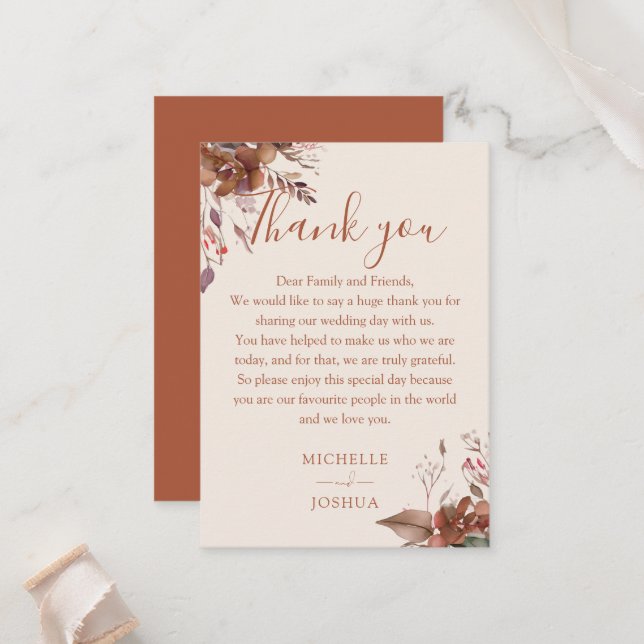 Carte De Placement Rustique Floral Mariage de automne d'automne Merci (Devant/Arrière en situation)