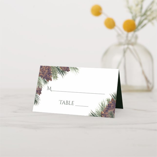 Carte De Placement Rustique Pinecones Élégant Mariage Écriture (Devant)