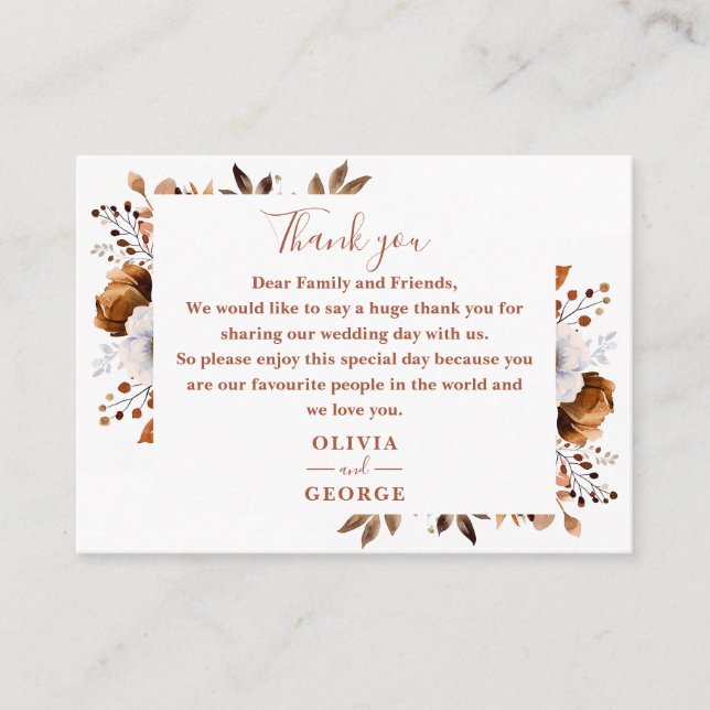 Carte De Placement Rustique Terracotta Automne Floral Mariage Merci (Devant)