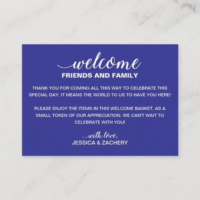 Carte De Placement Sac cadeau de bienvenue Mariage blanc sur bleu (Devant)