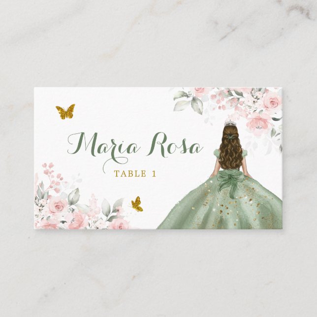 Carte De Placement Sage Green Blush rose Floral Princess Quinceañera (Devant)