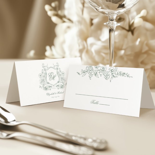 Carte De Placement Sage Green Floral Crest Monogramme Mariage élégant (Créateur téléchargé)