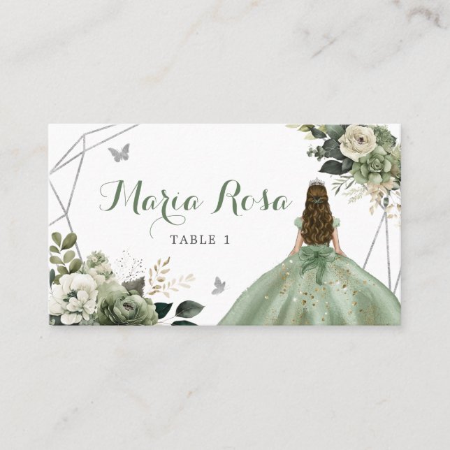 Carte De Placement Sage Green Floral Géométrique Princesse Quinceañer (Devant)