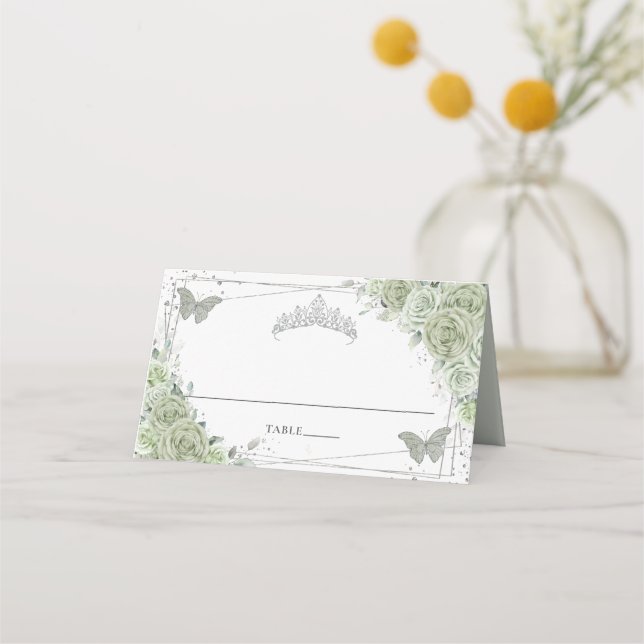 Carte De Placement Sage Green Floral Papillons Quinceañera Anniversai (Devant)
