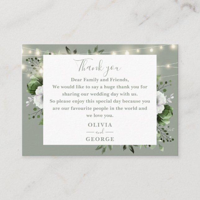 Carte De Placement Sage Green String éclaire le Merci Mariage Floral (Devant)