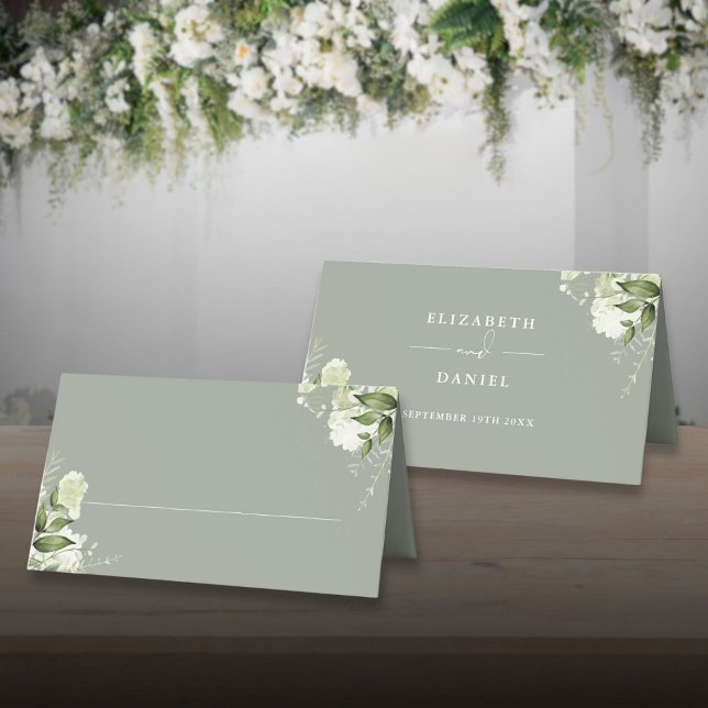 Carte De Placement Sage Vert Floral Verdure Mariage plié (Sage Green Floral Greenery Wedding Folded Place Card)