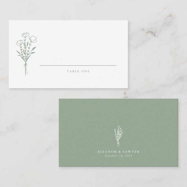 Carte De Placement Sage Vert minimaliste Bouquet Floral Mariage (Devant / Derrière)