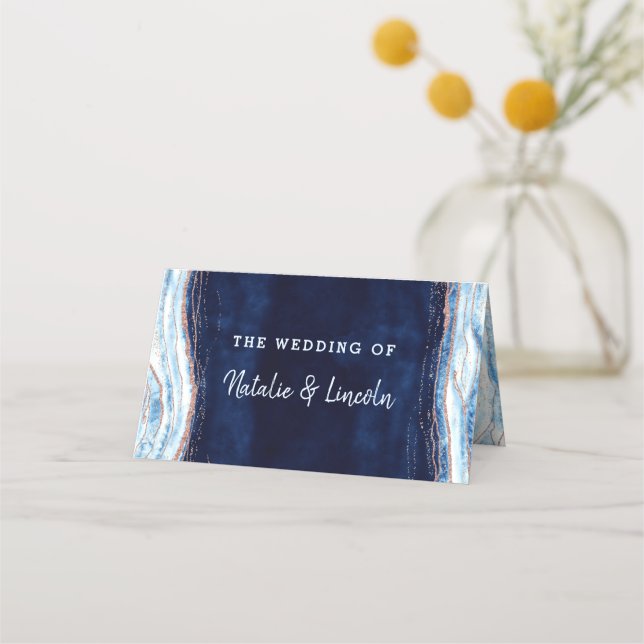 Carte De Placement Sapphire Blue Rose Gold Réservé Mariage siège (Dos)