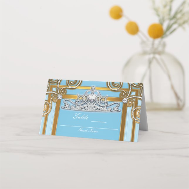 Carte De Placement Siège Blue & Gold Princess Crown Tiara Party (Dos)