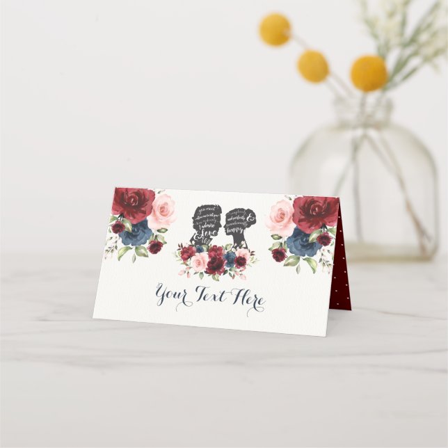 Carte De Placement Silhouettes de mariée à fleurs chic Marine (Devant)